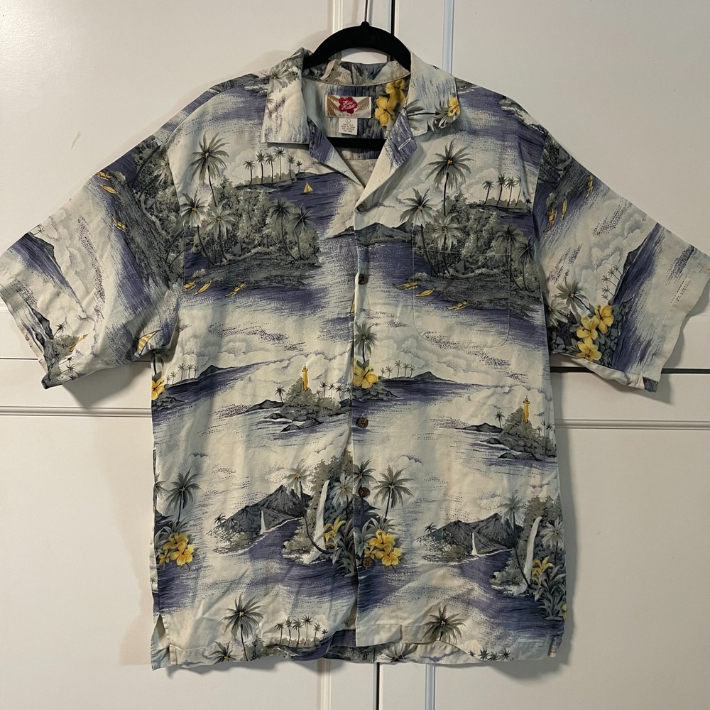 Hilo Hattie Mens Silk Hawaiian Shirt Blue Tropical Island Print Camp Lrg.